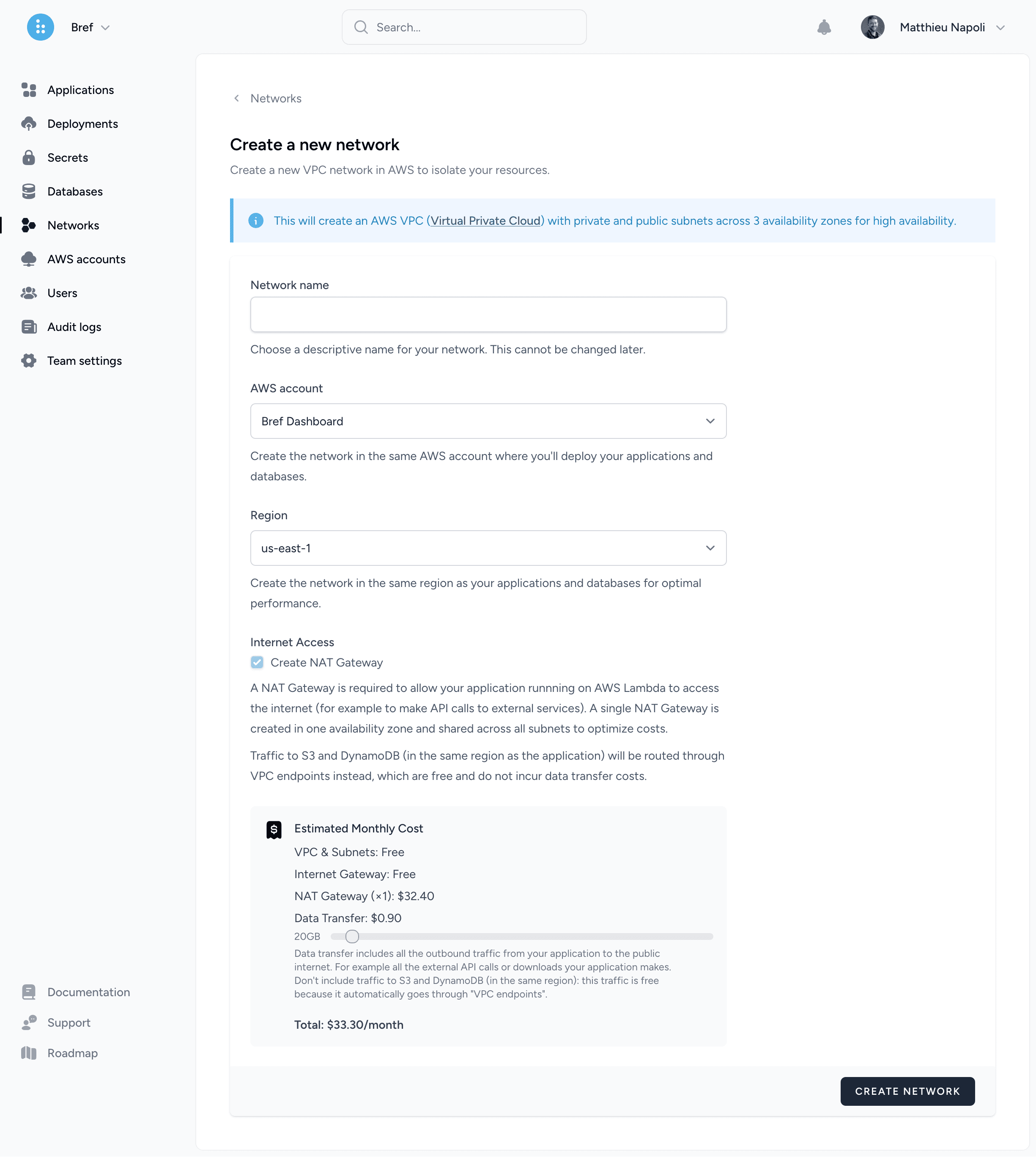 Bref Cloud create network
