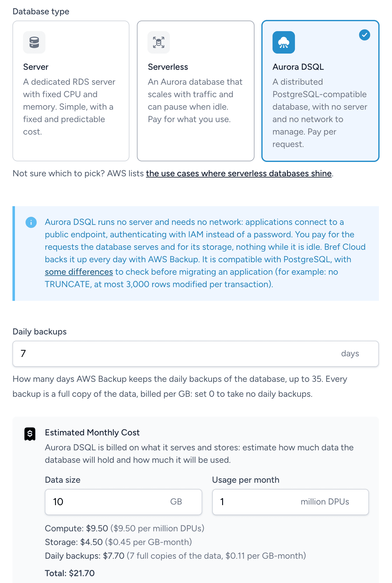 Bref Cloud create Aurora DSQL database form